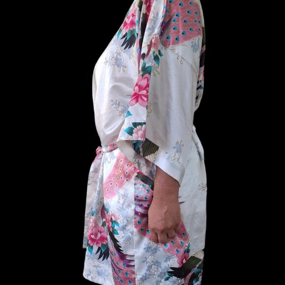 Oriental Village Silk Collection Belted Peacock & Floral Teal Pink Kimono - Picture 2 of 7